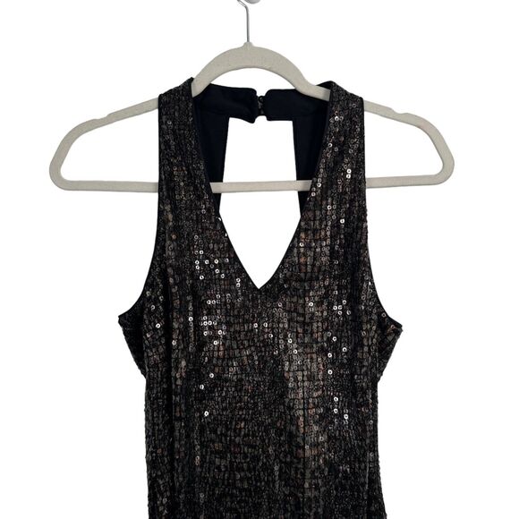 Cache Brown All Over Sequin Dress V-Neck Open Back Y2K Party Womens 8 - Picture 2 of 7